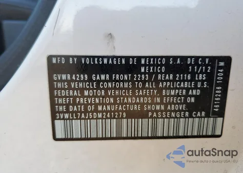 2013 Volkswagen Jetta Tdi из США, поврежденный, VIN 3VWLL7AJ5DM241279